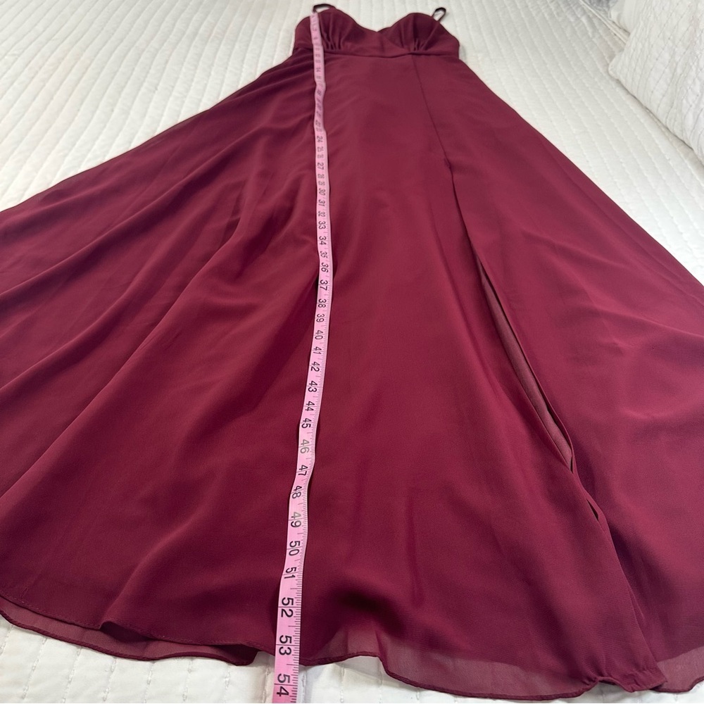 JJ HOUSE Floor Length Bridesmaid Gown in Burgundy With Slit And Low Back Size 0 - Picture 5 of 16